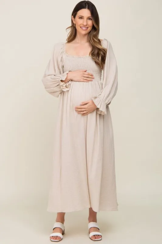 Beige Gauze Smocked Maternity Midi Dress sold by Pinkblush