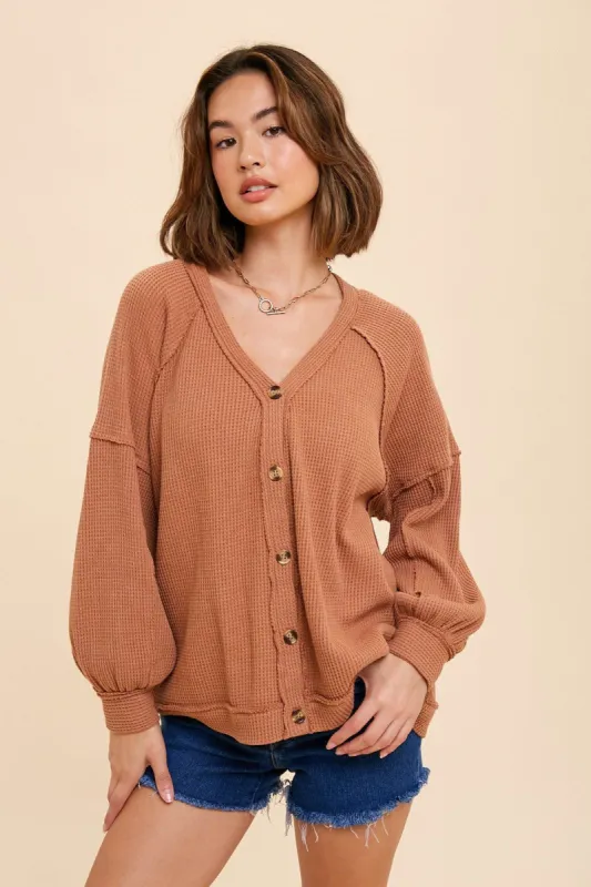 Camel Waffle Knit Button Long Sleeve Top sold by Pinkblush