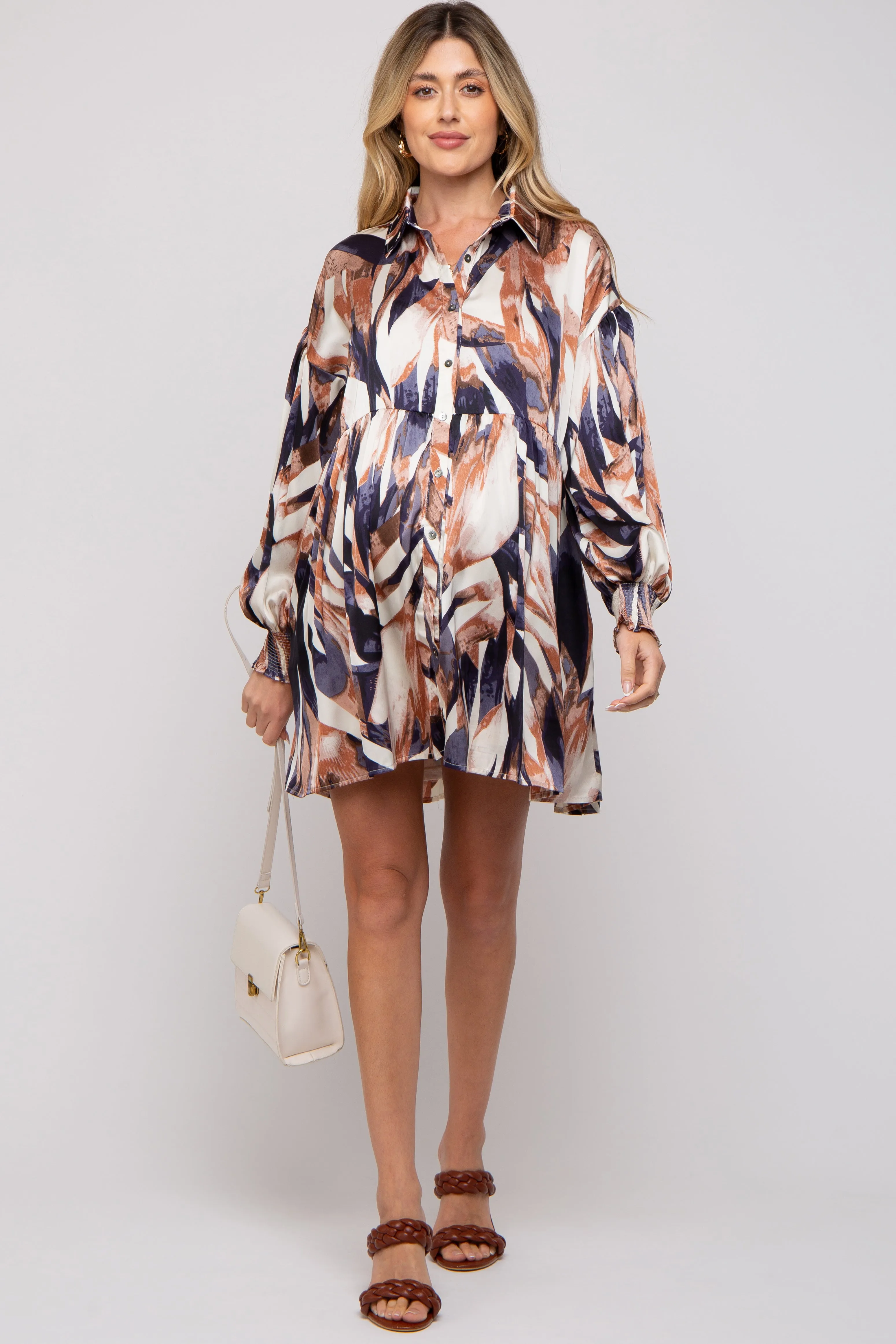 Navy Print Button Down Puff Sleeve Maternity Dress sold by Pinkblush product image thumbnail 3