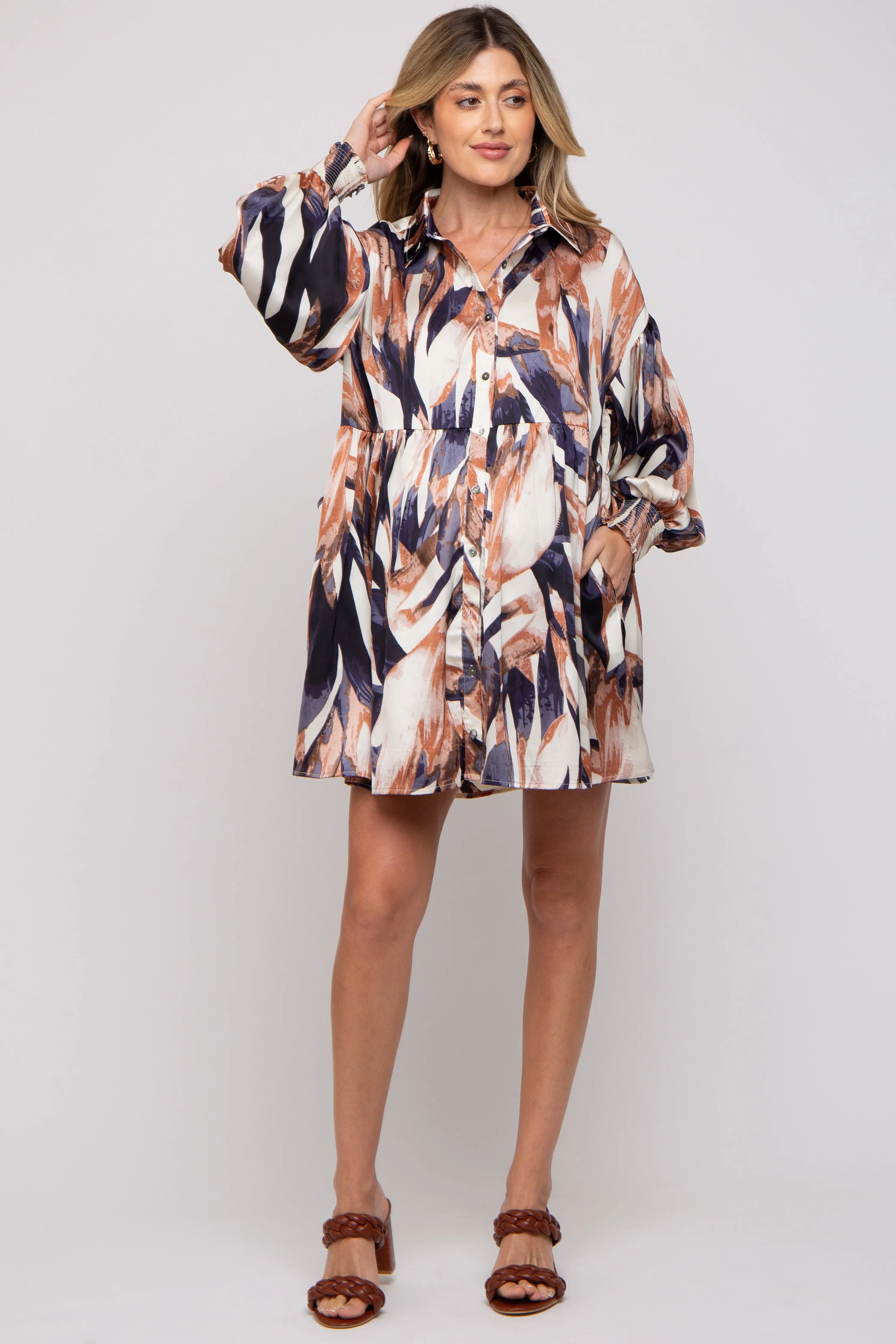 Navy Print Button Down Puff Sleeve Maternity Dress sold by Pinkblush product image thumbnail 4