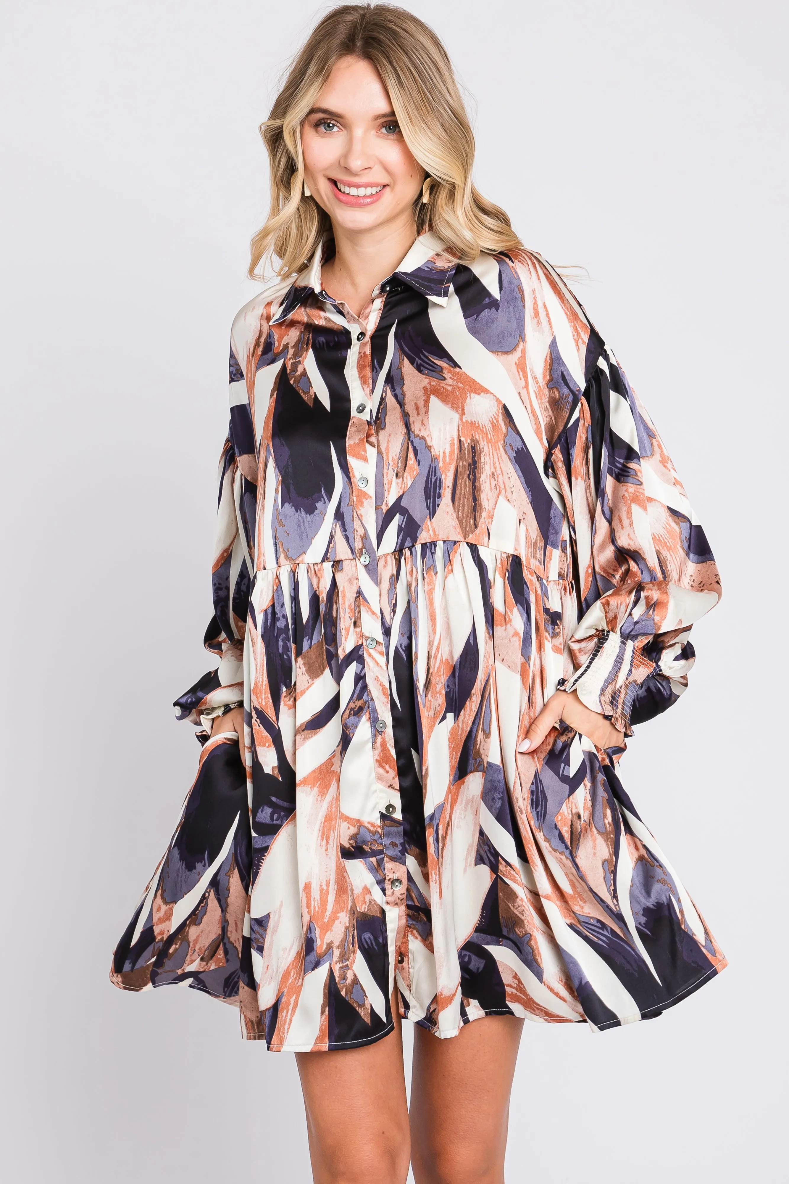 Navy Print Button Down Puff Sleeve Maternity Dress sold by Pinkblush product image thumbnail 5