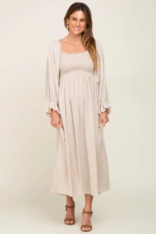 Beige Gauze Smocked Midi Dress sold by Pinkblush
