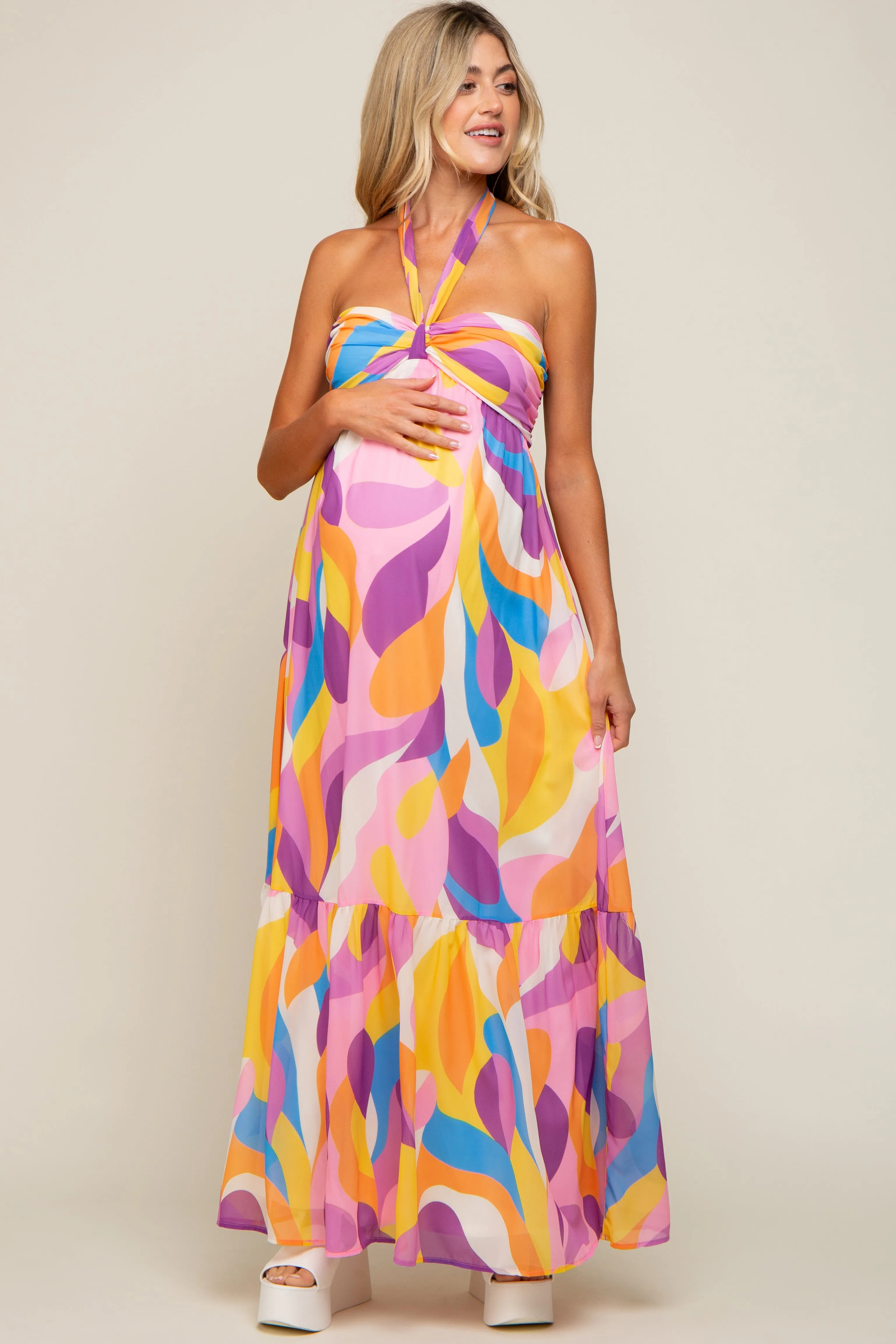 Yellow Printed Halter Maternity Maxi Dress sold by Pinkblush