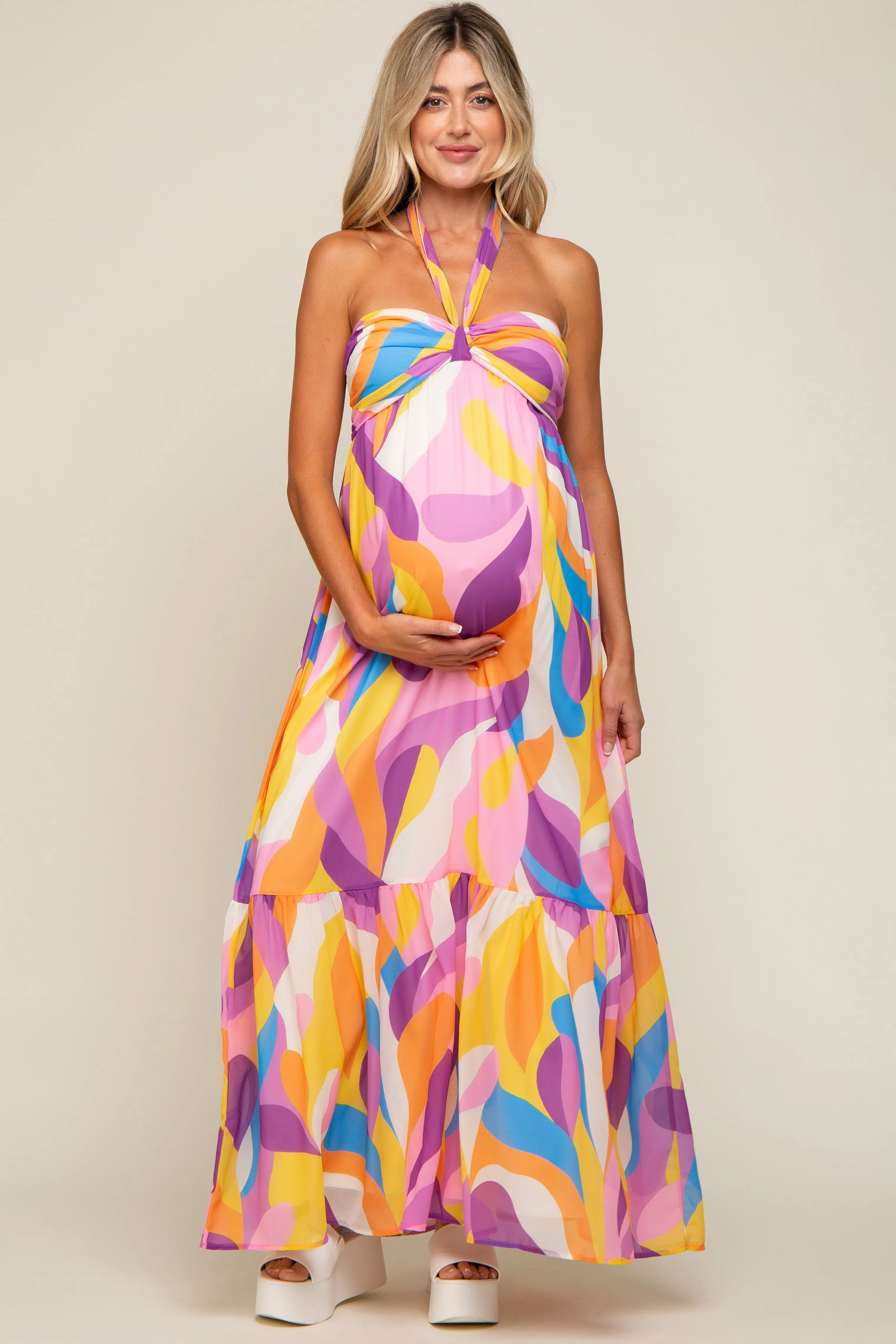 Yellow Printed Halter Maternity Maxi Dress sold by Pinkblush product image thumbnail 5