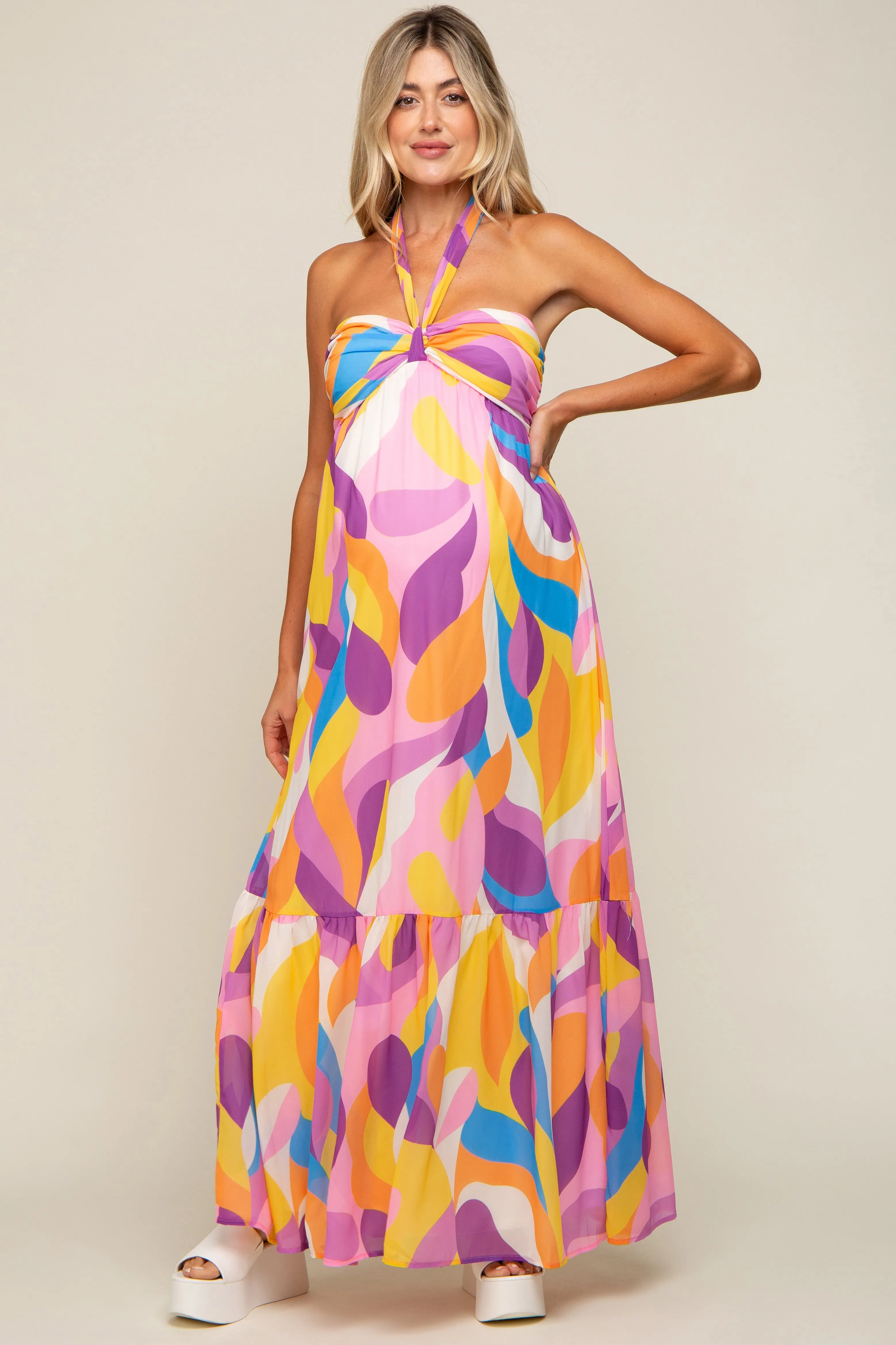 Yellow Printed Halter Maternity Maxi Dress sold by Pinkblush product image thumbnail 2