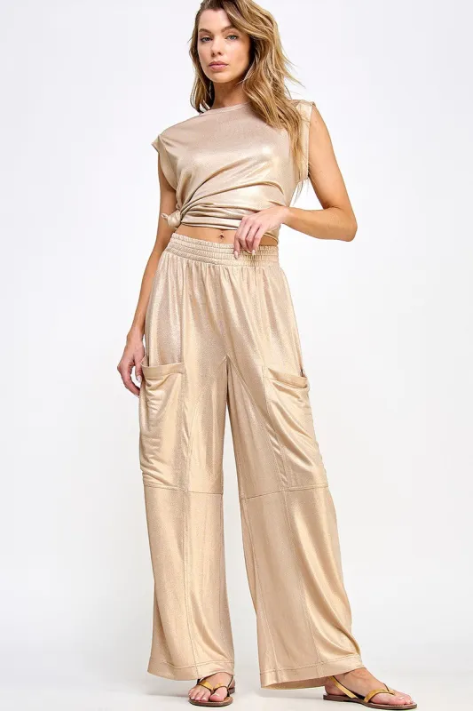 Gold Metallic Jersey Cargo Pants sold by Pinkblush