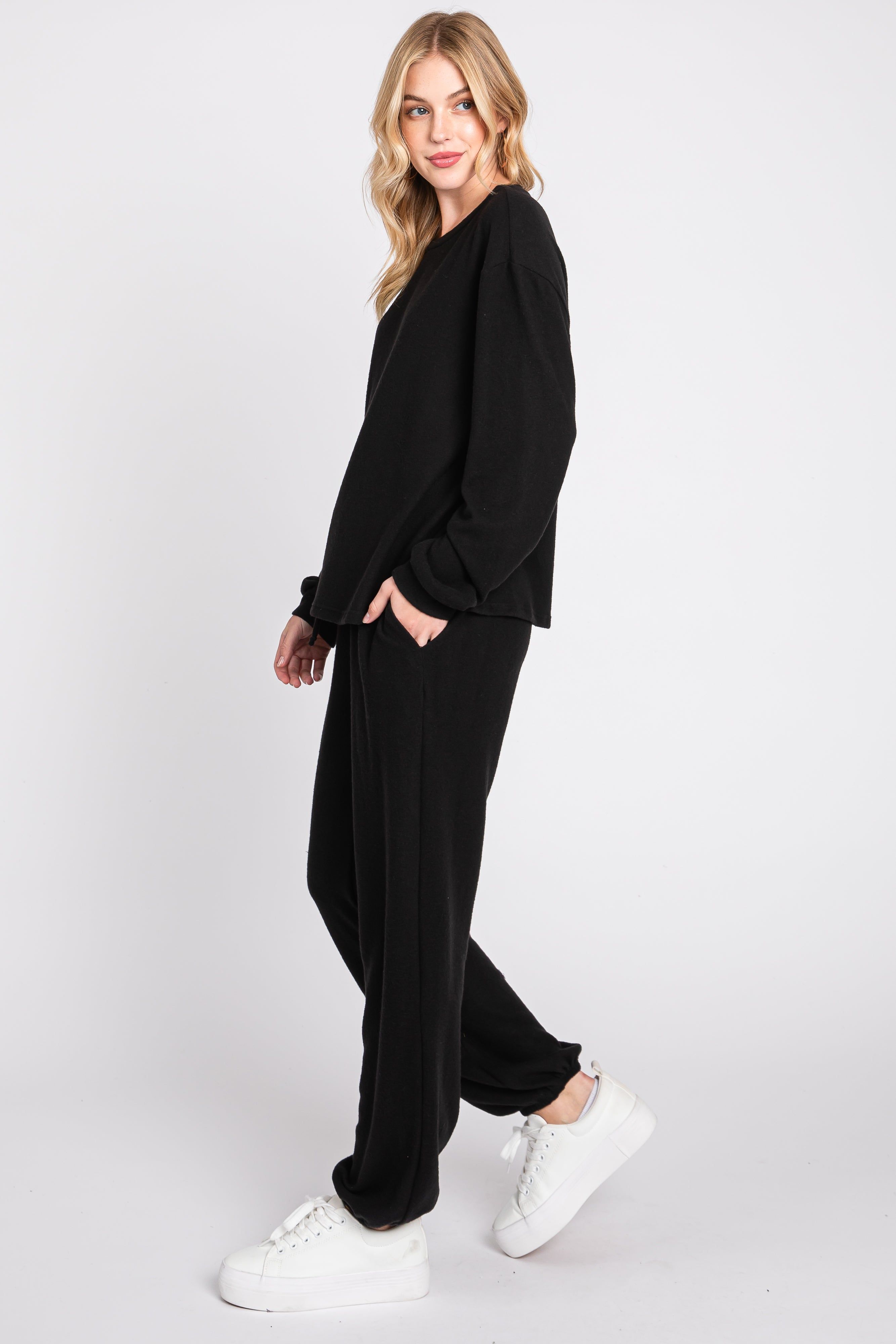 Black Soft Knit Brushed Long Sleeve Lounge Set sold by Pinkblush product image thumbnail 2