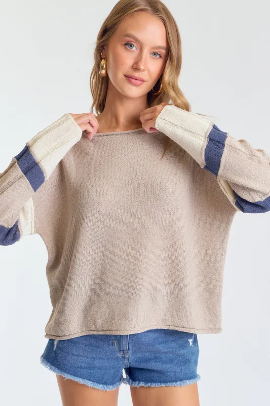 Taupe Multi Stripe Sleeve Sweater Top sold by Pinkblush