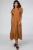 Camel Smocked V-Neck Maternity Midi Dress sold by Pinkblush
