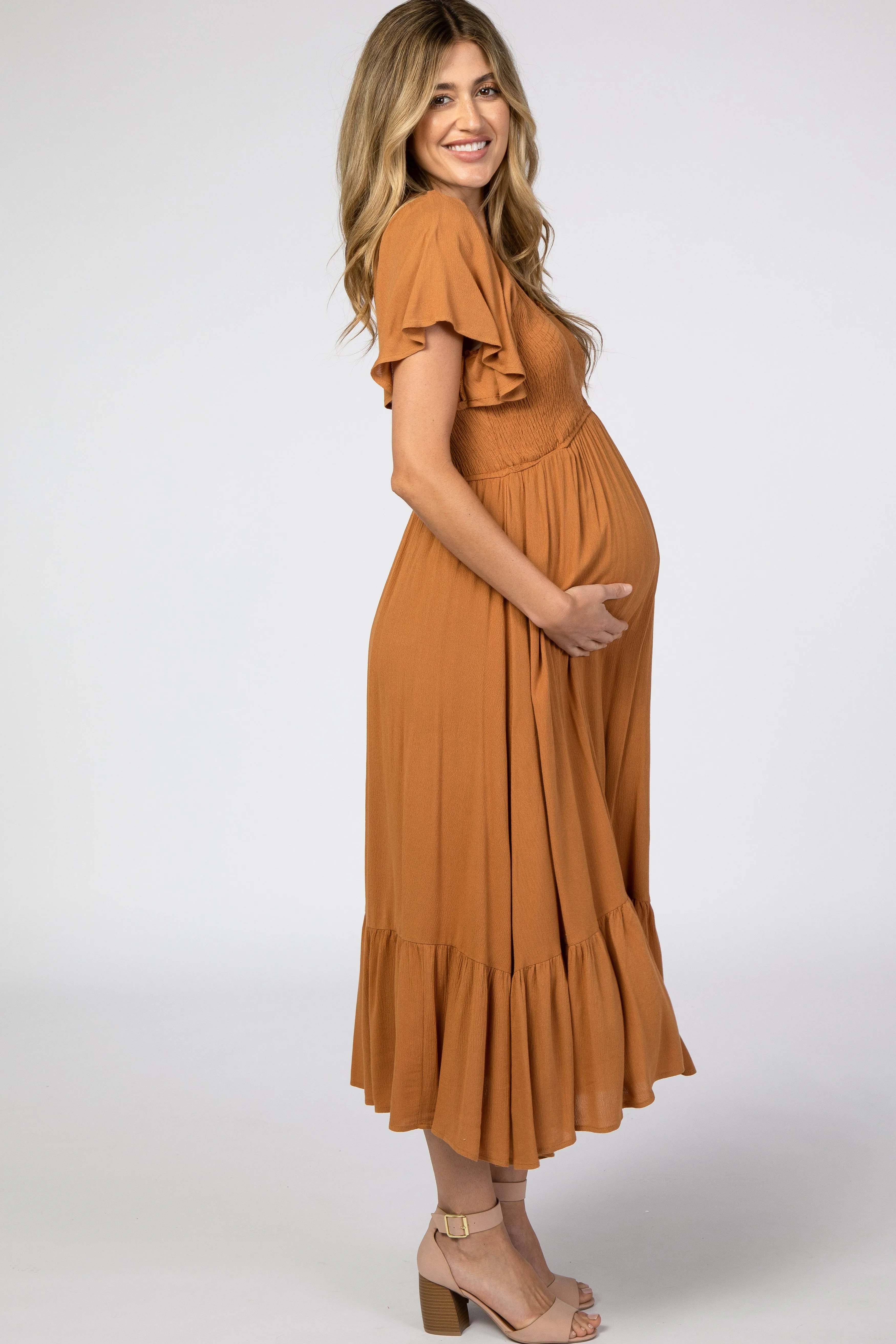 Camel Smocked V-Neck Maternity Midi Dress sold by Pinkblush product image thumbnail 2