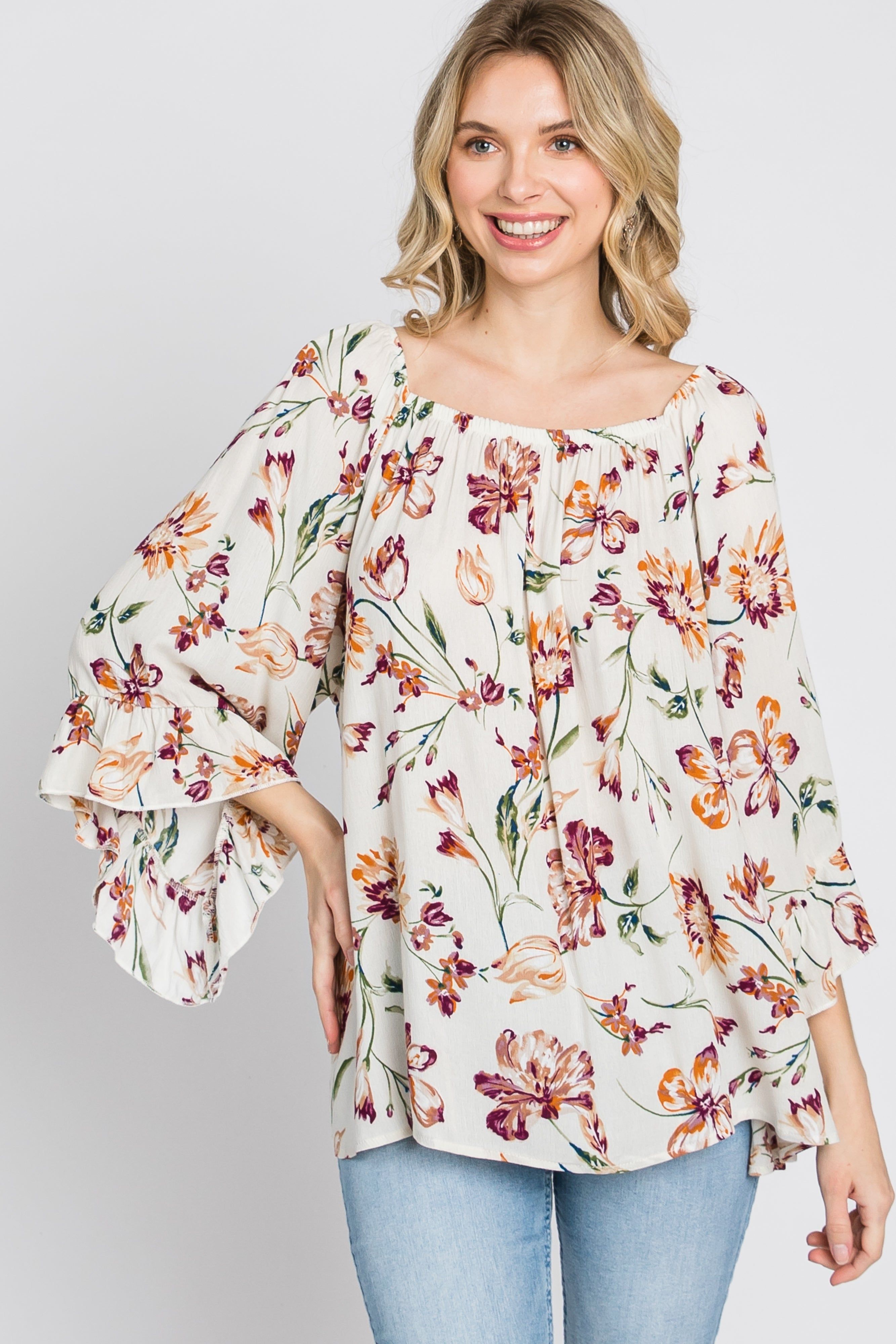 Ivory Floral Square Neck Ruffle Sleeve Top sold by Pinkblush product image thumbnail 4