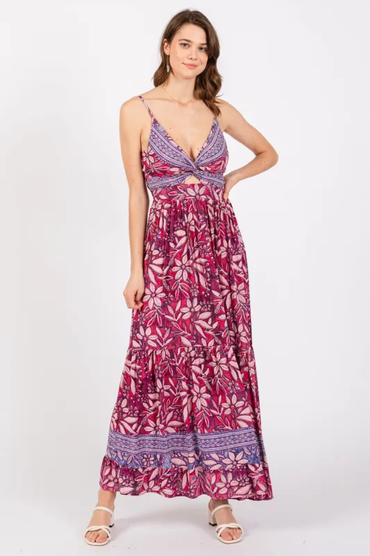 Purple Floral Strapless Front Tie Knot Maxi Dress sold by Pinkblush