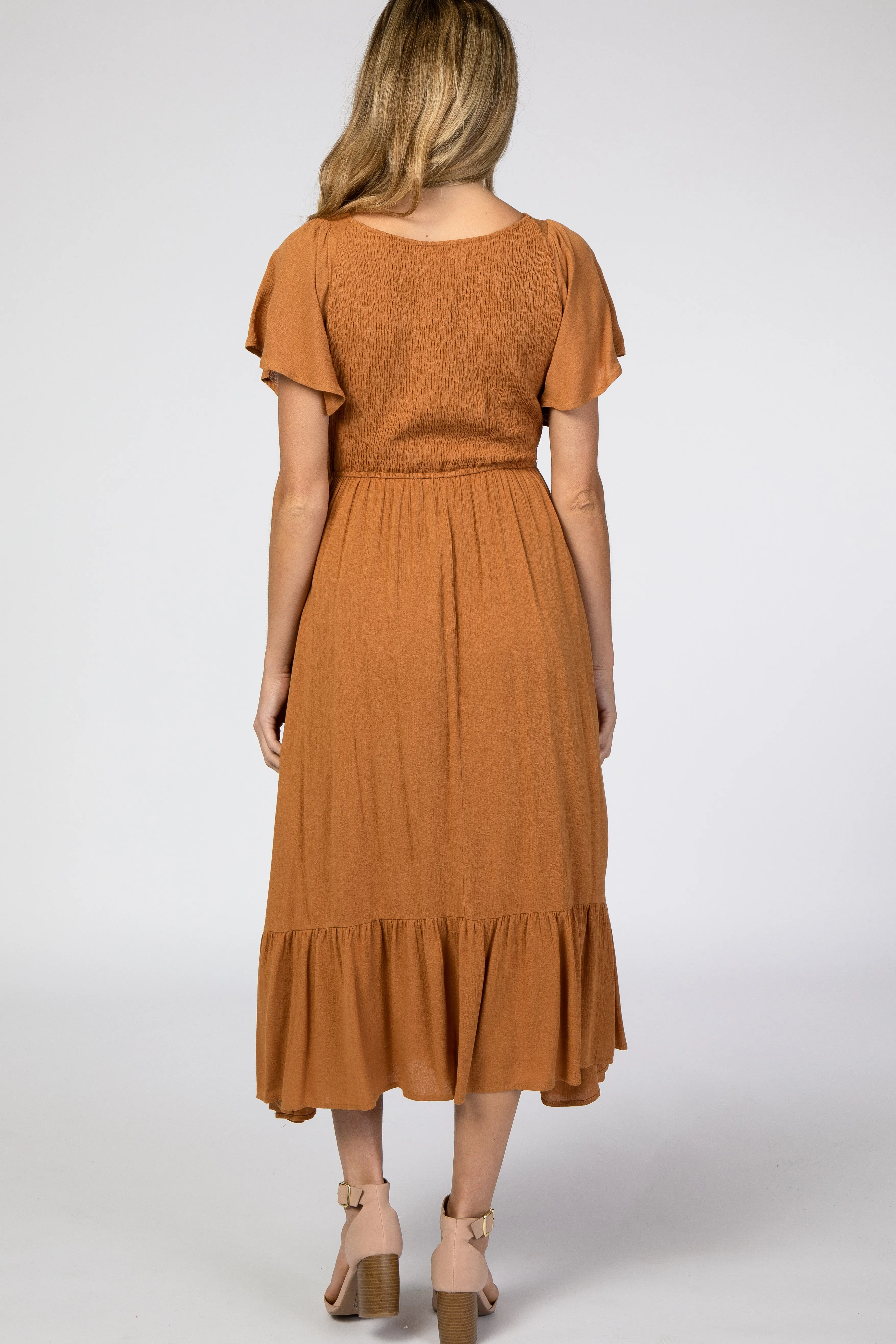 Camel Smocked V-Neck Maternity Midi Dress sold by Pinkblush product image thumbnail 3