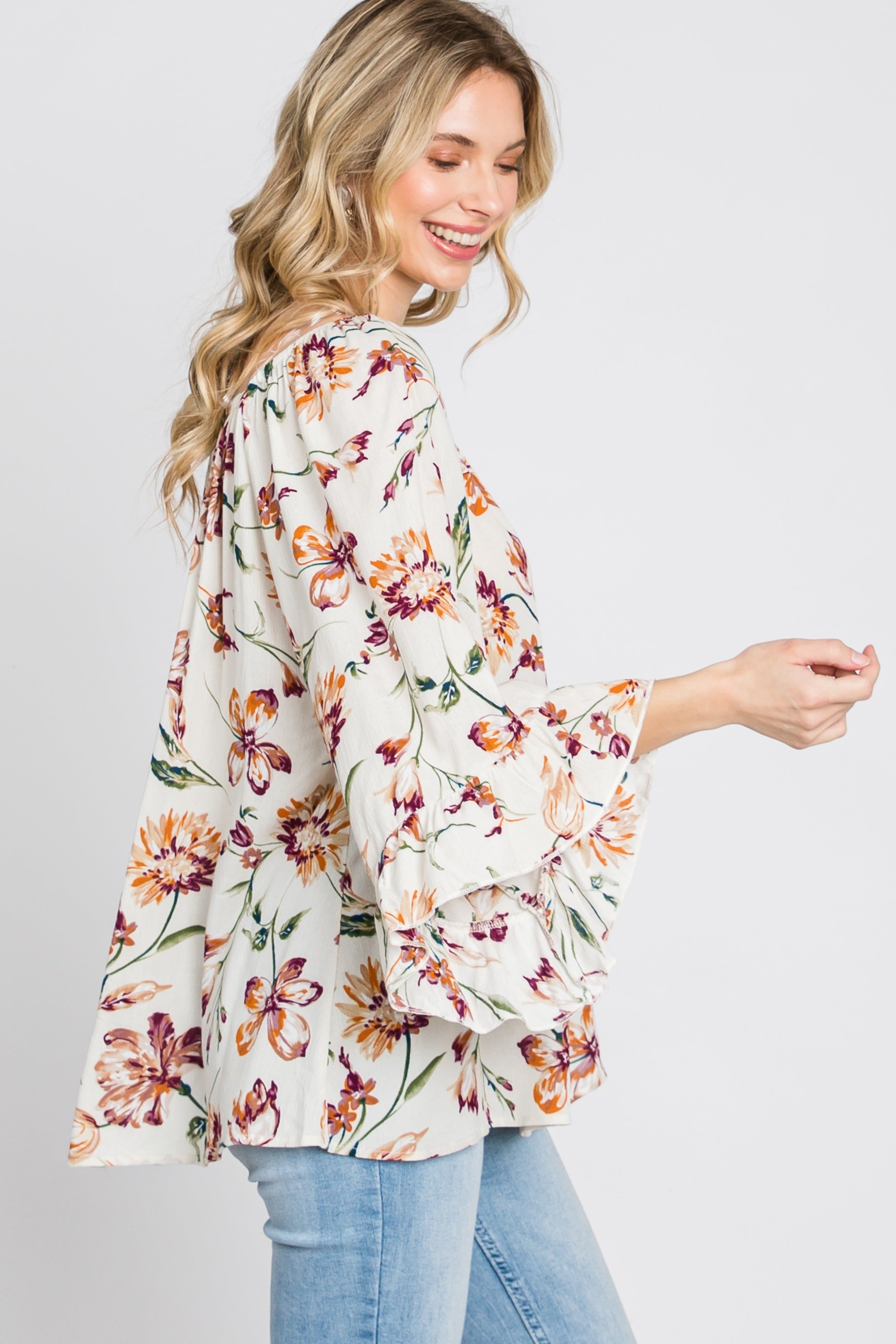 Ivory Floral Square Neck Ruffle Sleeve Top sold by Pinkblush product image thumbnail 5