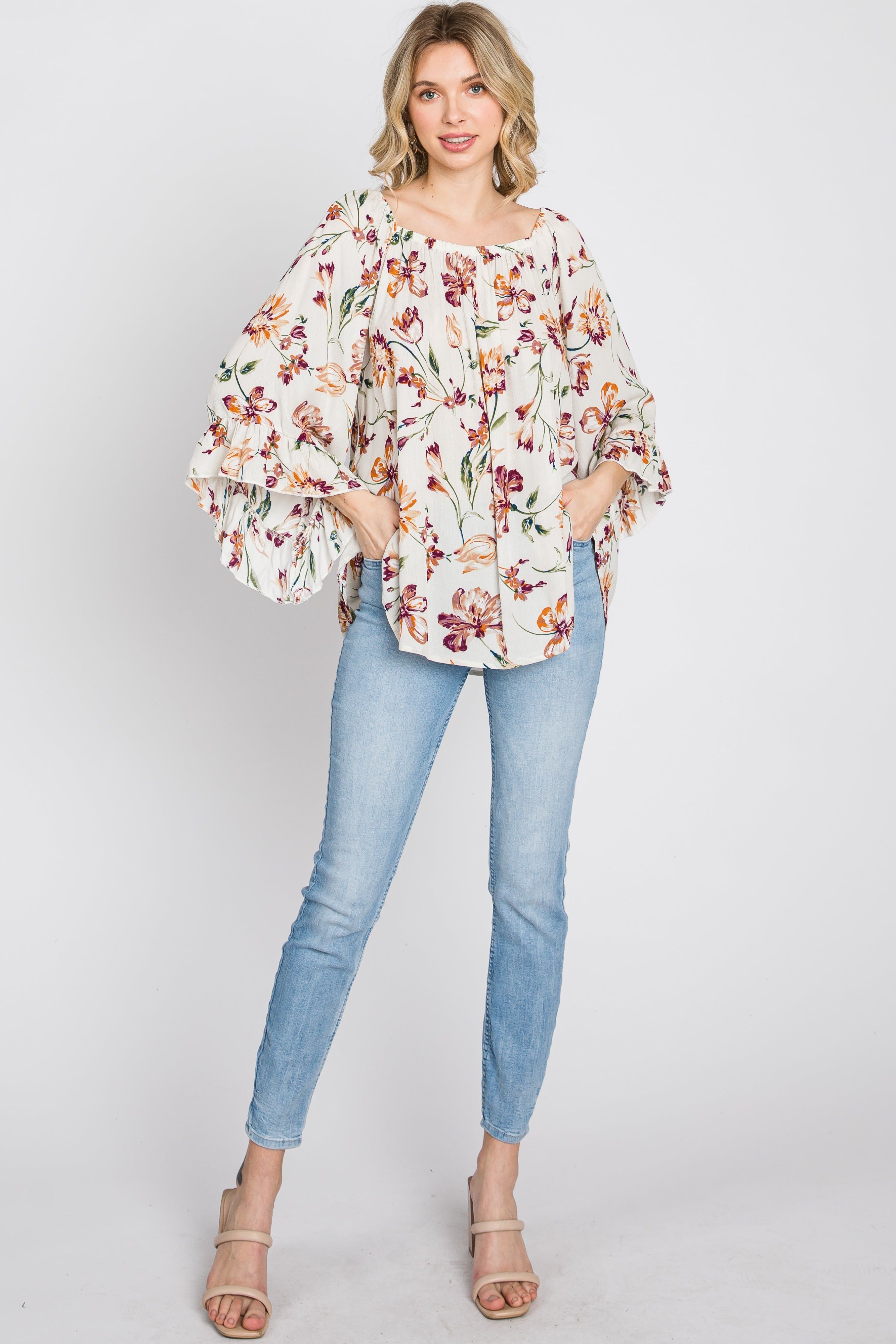 Ivory Floral Square Neck Ruffle Sleeve Top sold by Pinkblush product image thumbnail 2