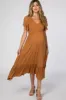 Camel Smocked V-Neck Maternity Midi Dress sold by Pinkblush