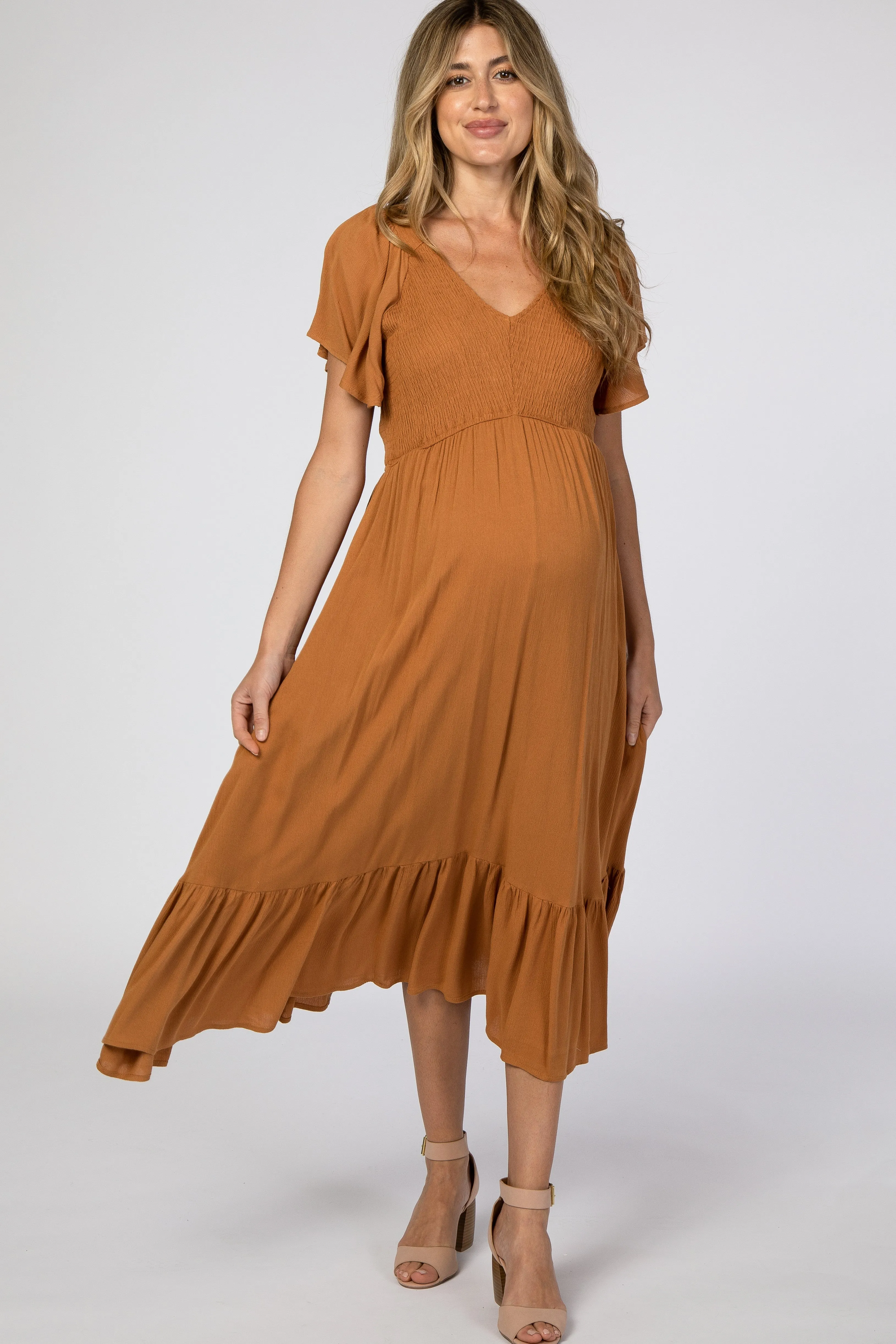 Camel Smocked V-Neck Maternity Midi Dress sold by Pinkblush product image thumbnail 4
