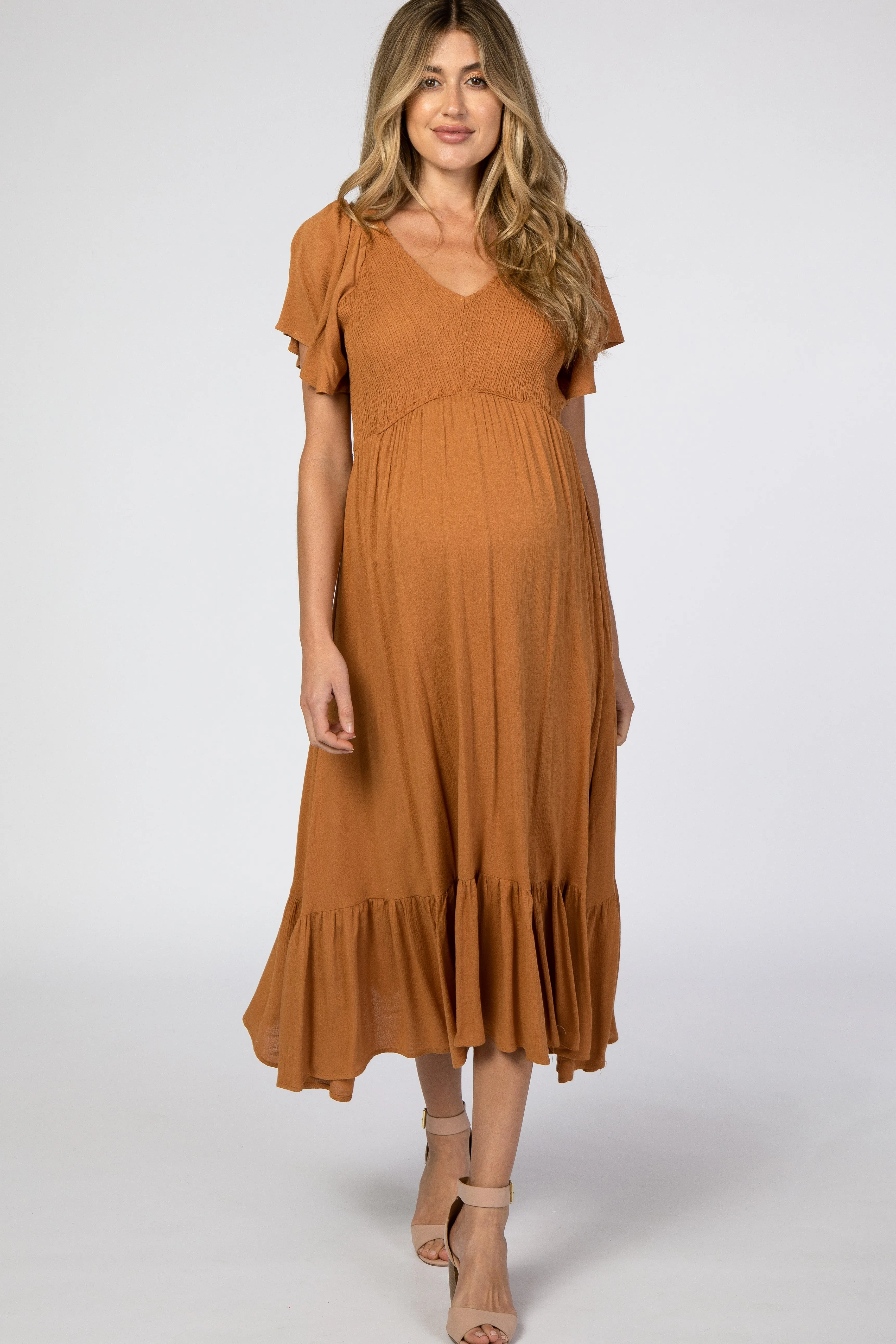 Camel Smocked V-Neck Maternity Midi Dress sold by Pinkblush