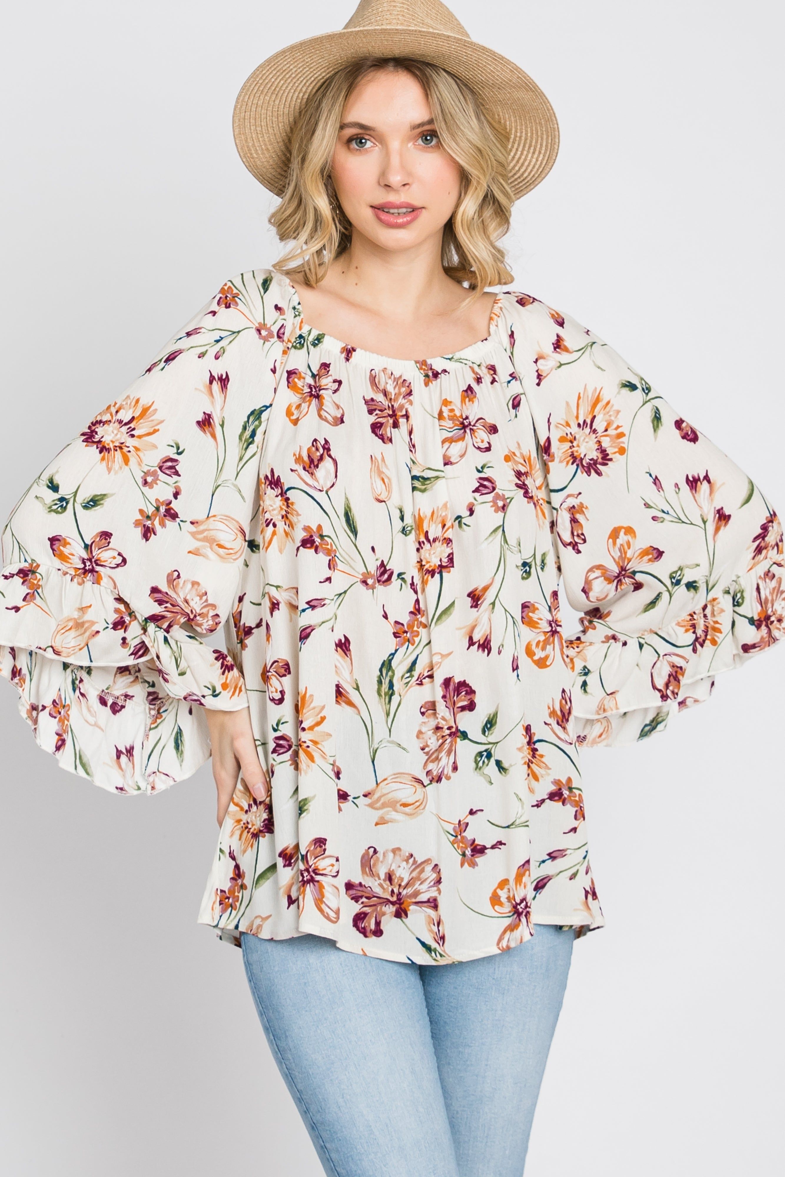 Ivory Floral Square Neck Ruffle Sleeve Top sold by Pinkblush product image thumbnail 9