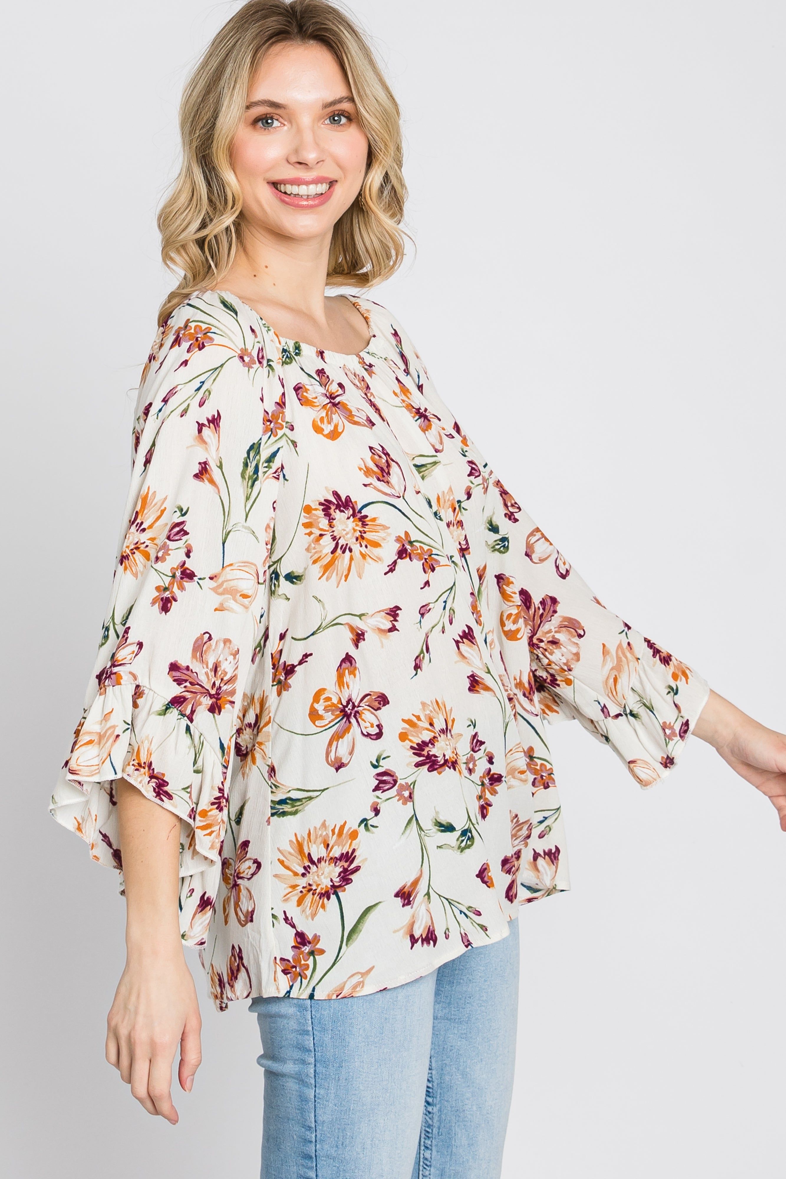 Ivory Floral Square Neck Ruffle Sleeve Top sold by Pinkblush product image thumbnail 6