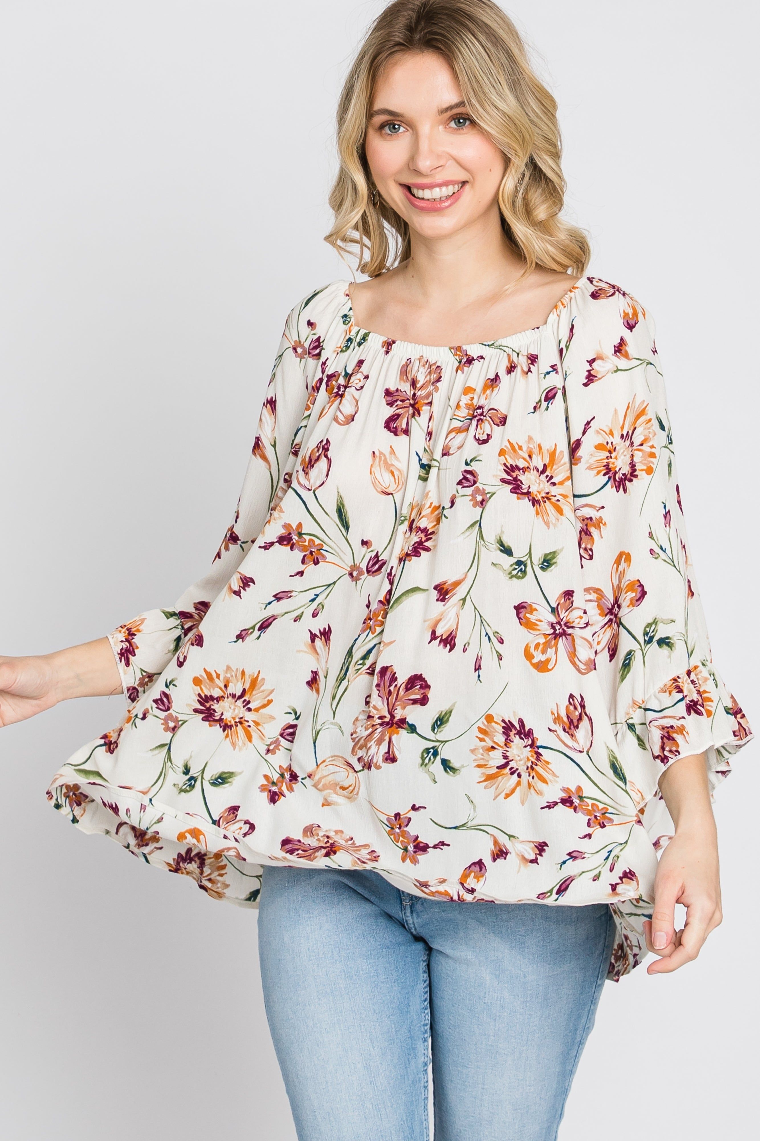 Ivory Floral Square Neck Ruffle Sleeve Top sold by Pinkblush product image thumbnail 3