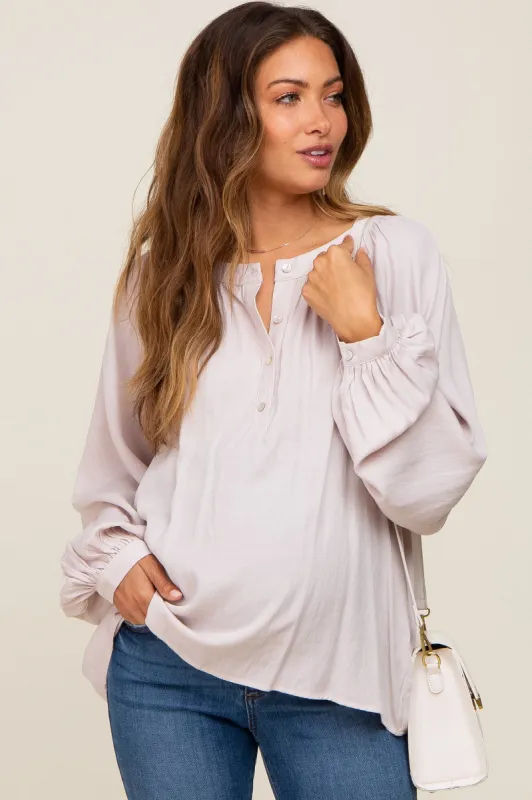 Taupe Button Front Long Puff Sleeve Maternity Top sold by Pinkblush