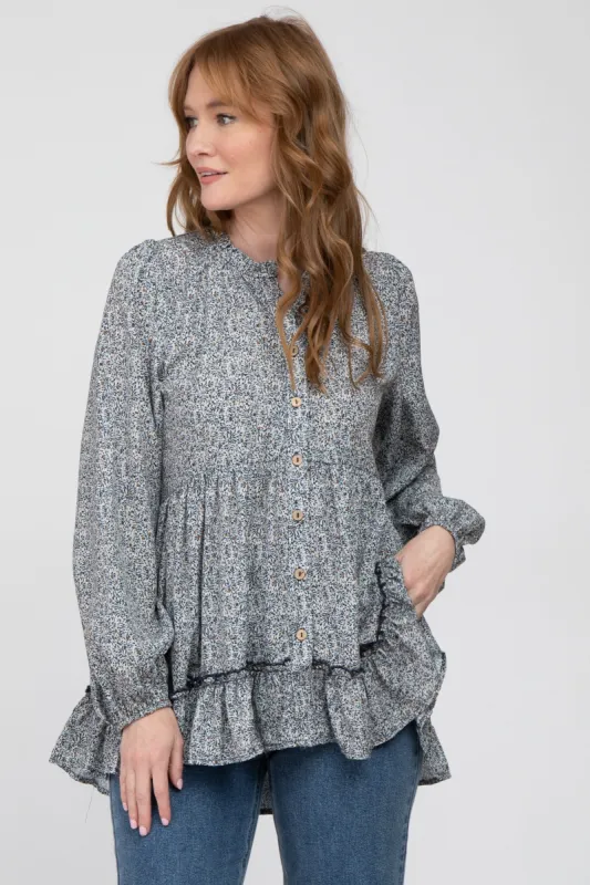 Teal Floral Ruffle Long Sleeve Blouse sold by Pinkblush