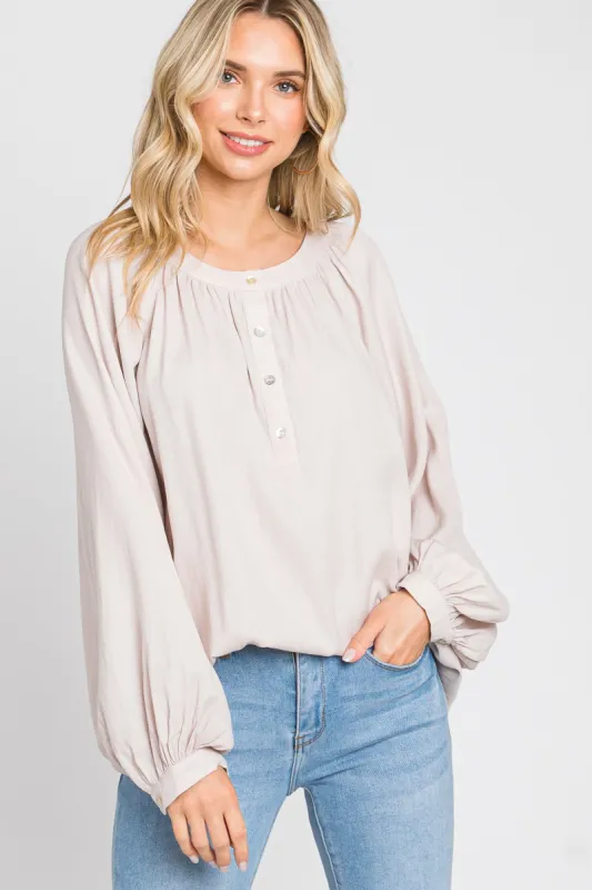 Taupe Button Front Long Puff Sleeve Top sold by Pinkblush