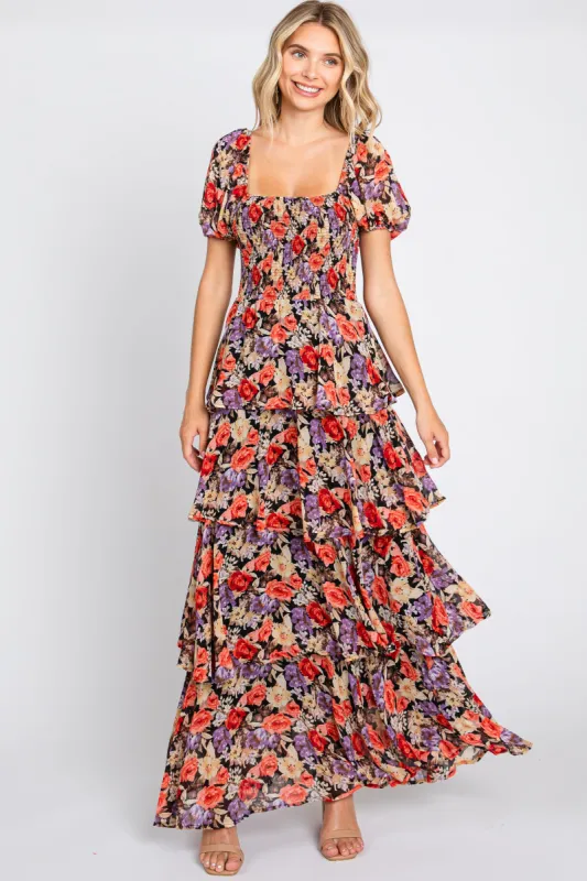 Black Floral Smocked Square Neck Ruffle Layered Maxi Dress sold by Pinkblush