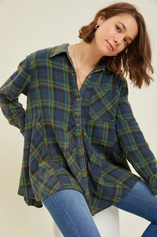 Green Mineral-Washed Plaid Button-Down Shirt sold by Pinkblush