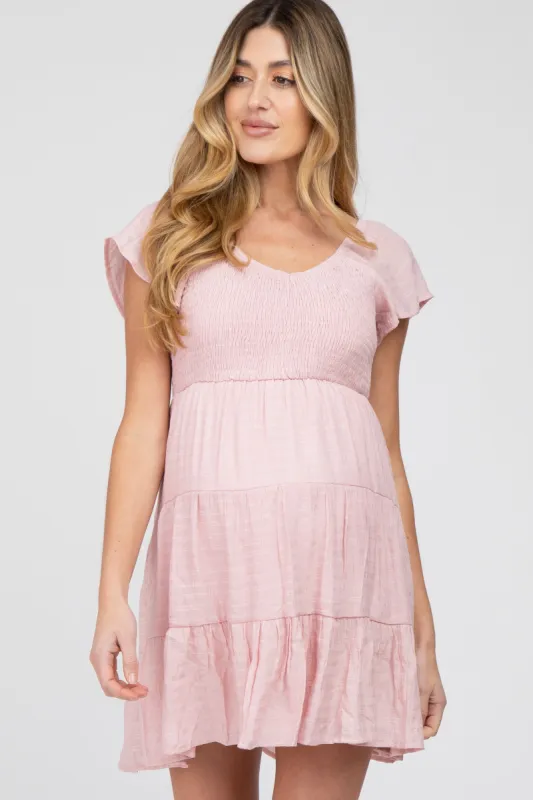 Light Pink Smocked Top Tiered Skirt Maternity Dress sold by Pinkblush