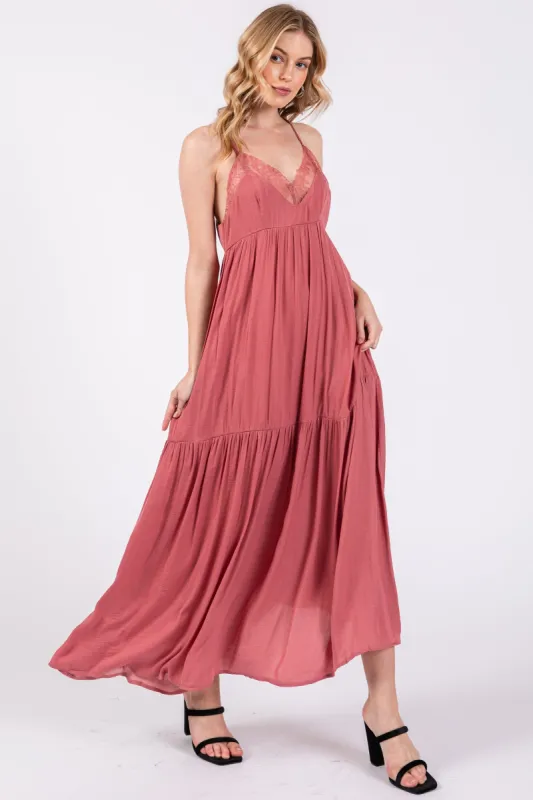 Mauve Sleeveless Lace Tiered Maxi Dress sold by Pinkblush
