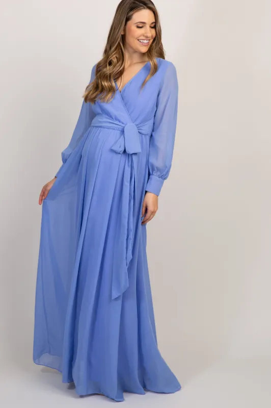 Periwinkle Chiffon Long Sleeve Pleated Maternity Maxi Dress sold by Pinkblush