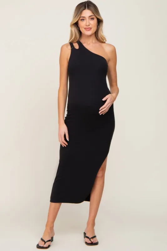 Black One Shoulder Cutout Side Slit Maternity Midi Dress sold by Pinkblush