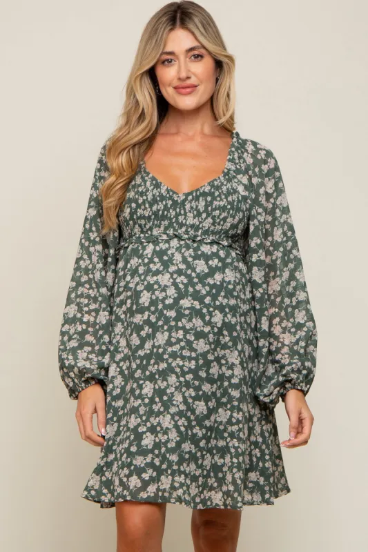 Green Floral Long Puff Sleeve Maternity Dress sold by Pinkblush