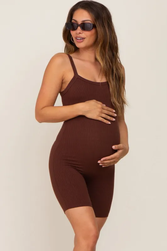 Brown Ribbed Bodycon Maternity Romper sold by Pinkblush