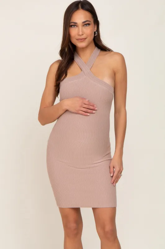 Mocha Ribbed Knit Halter Neck Maternity Fitted Dress sold by Pinkblush