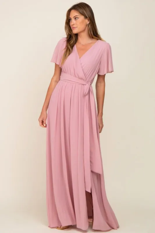 Pink Chiffon Short Sleeve Wrap V-Neck Front Slit Maxi Dress sold by Pinkblush