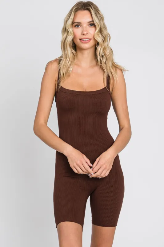 Brown Ribbed Bodycon Romper sold by Pinkblush