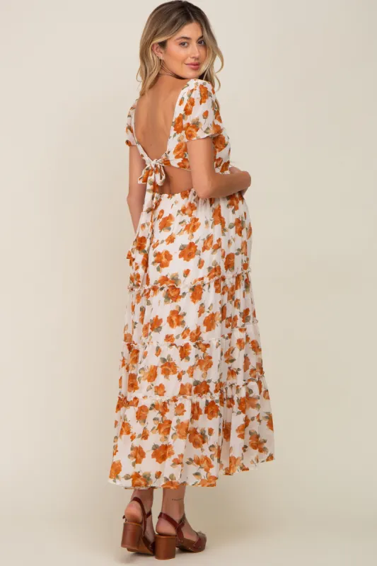 Camel Floral Chiffon Back Cut-Out Tiered Maternity Midi Dress sold by Pinkblush