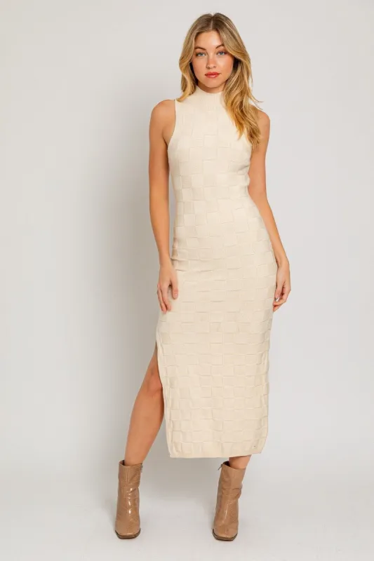 Cream Checkered Mock Neck Maxi Dress sold by Pinkblush