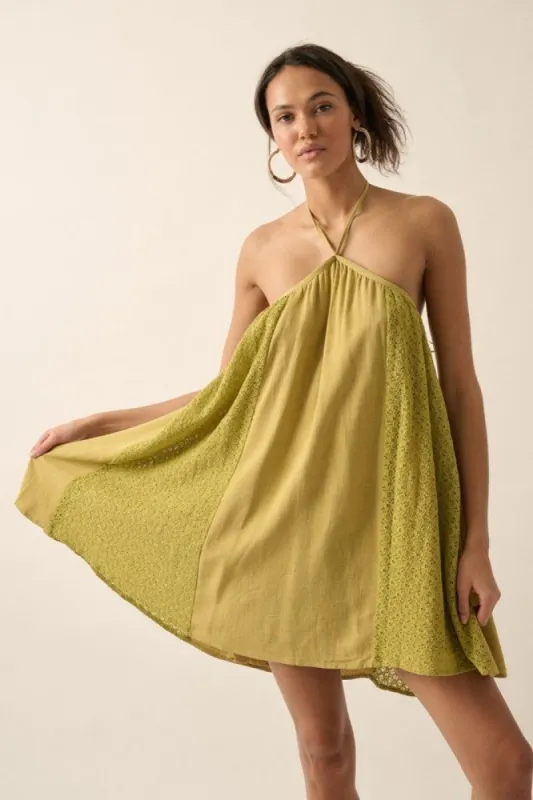 Warm Olive Floral-Lace Open-Back Mini Halter Dress sold by Pinkblush