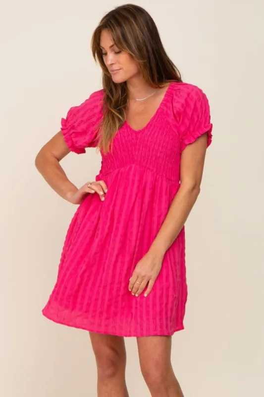 Fuchsia Smocked Textured V-Neck Dress sold by Pinkblush
