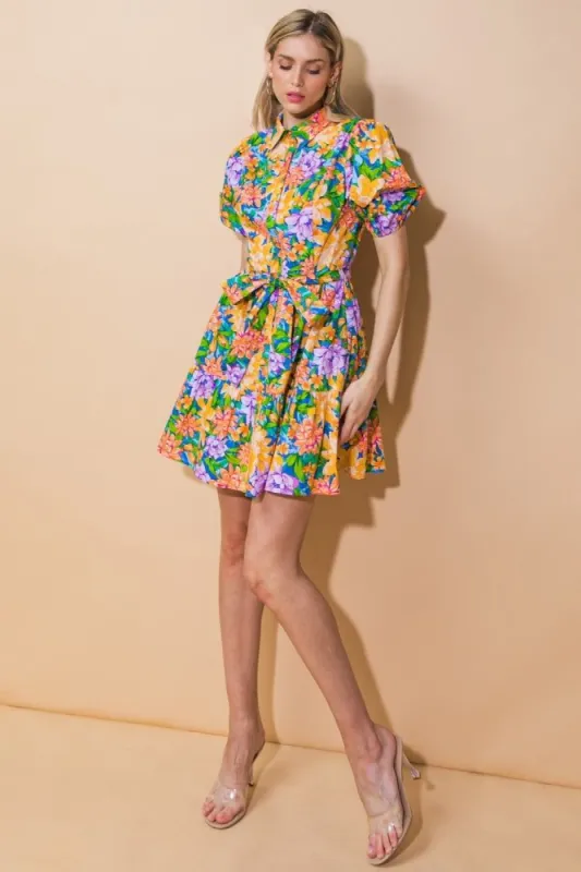 Blue Yellow Floral Waist Tie Dress sold by Pinkblush