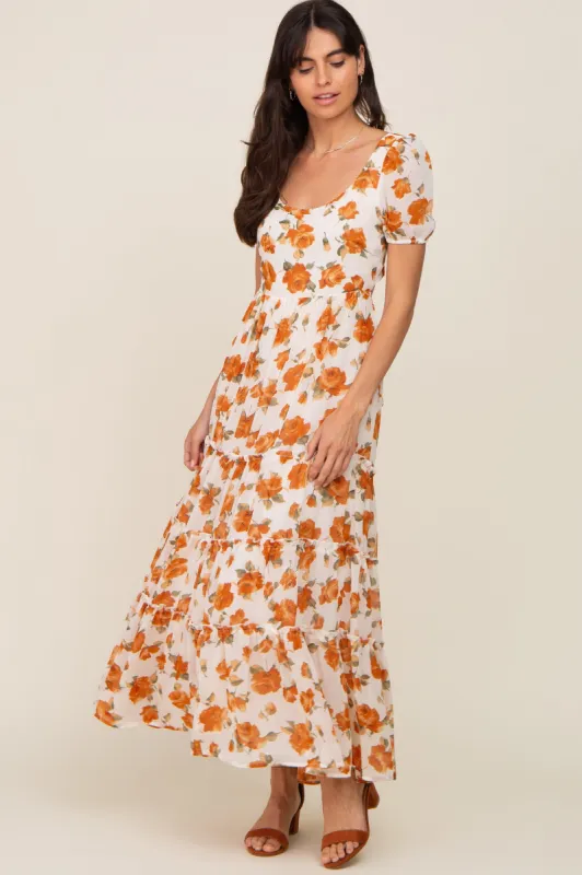 Camel Floral Chiffon Back Cut-Out Tiered Midi Dress sold by Pinkblush