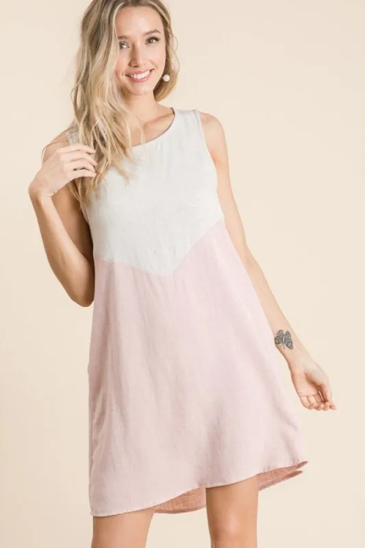 Pink Solid Linen Colorblock A Line Dress sold by Pinkblush
