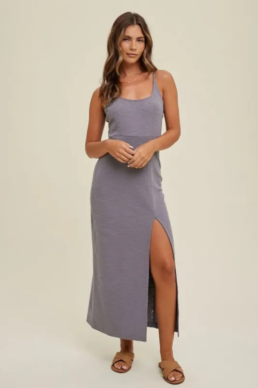Slate Slub Midi Dress With Self Tie Back Detail sold by Pinkblush