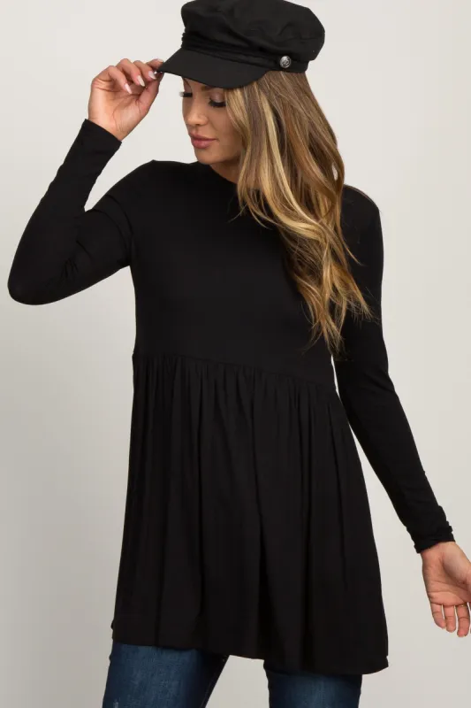 Black Solid Long Sleeve Peplum Top sold by Pinkblush