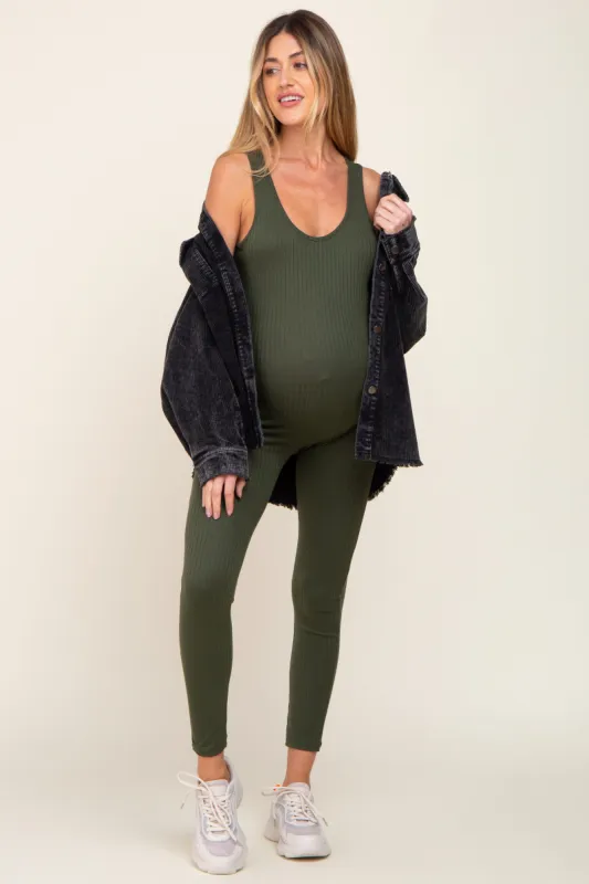 Olive Ribbed Bodycon Maternity Jumpsuit sold by Pinkblush