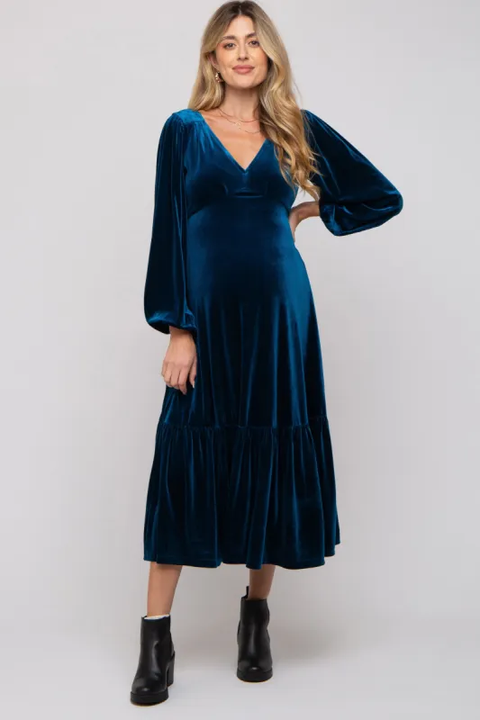 Dark Teal V-Neck Ruffle Hem Velvet Maternity Midi Dress sold by Pinkblush